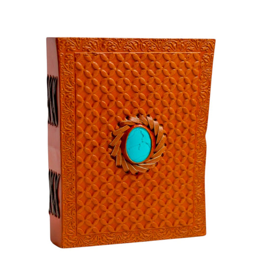 Handcrafted Leather Journal with Embossed Cover & Turquoise Stone
