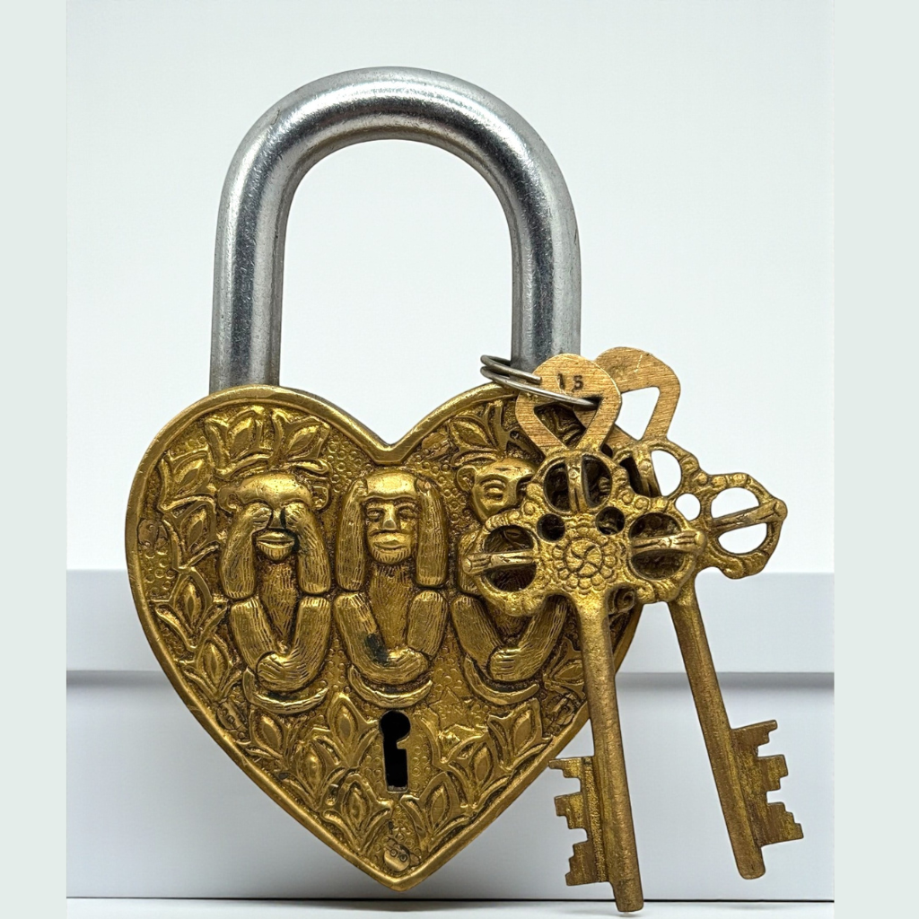 Brass Heart Padlock with Three Wise Monkeys Design