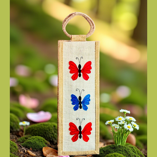 Elegant Jute Wine Carrier Bag with Vibrant Butterfly Embroidery