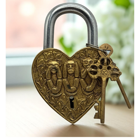 Brass Heart Padlock with Three Wise Monkeys Design