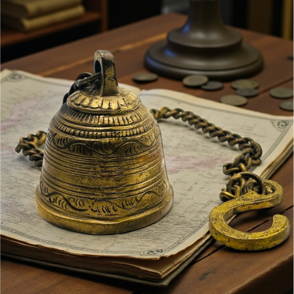 Antique Brass Temple Bell with Chain & Hook