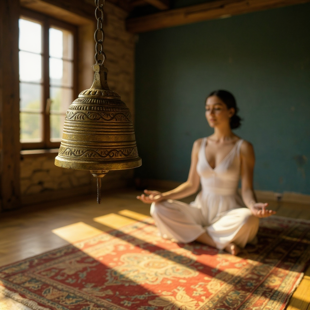 Antique Brass Temple Bell with Chain & Hook