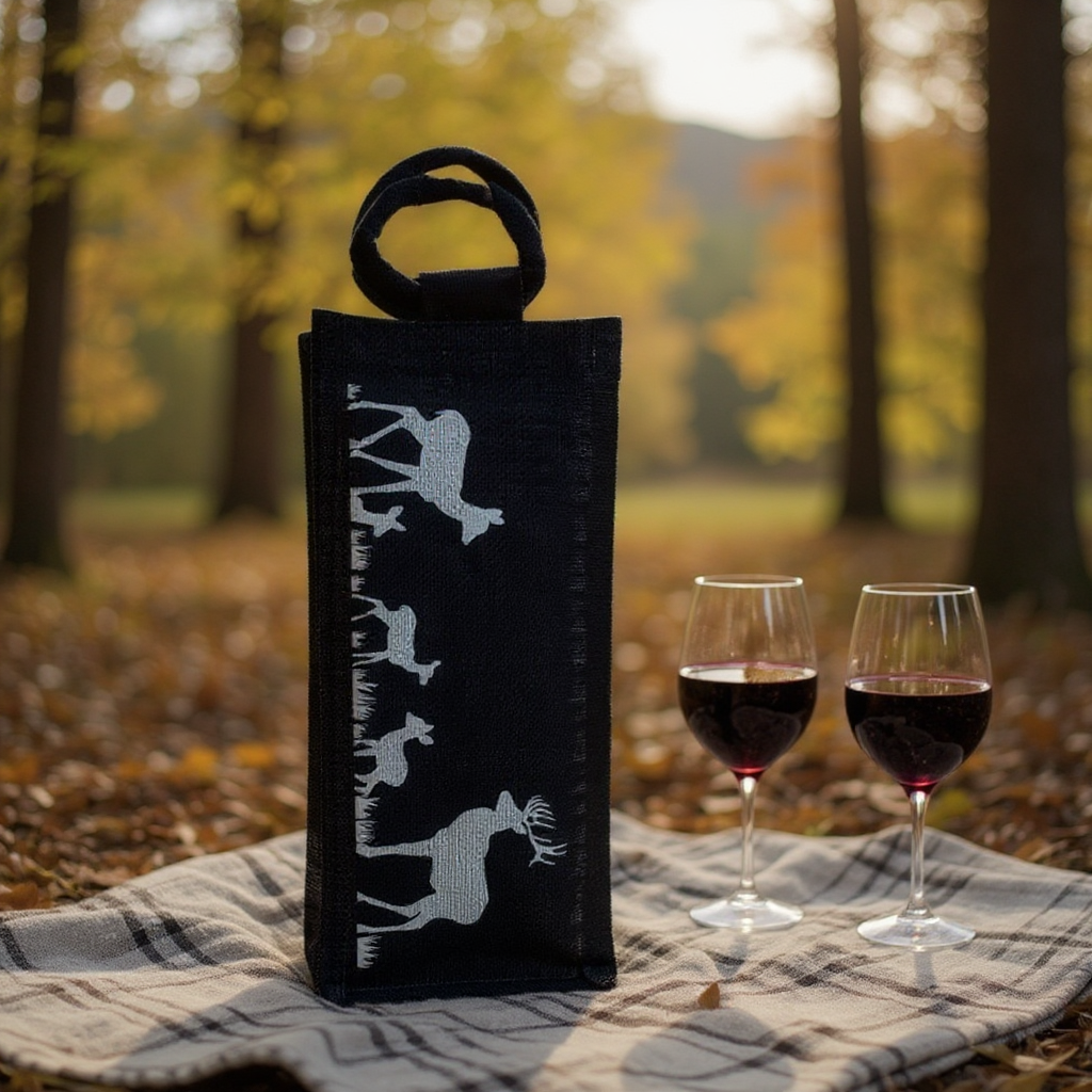 Elegant Deer Print Black Wine Tote
