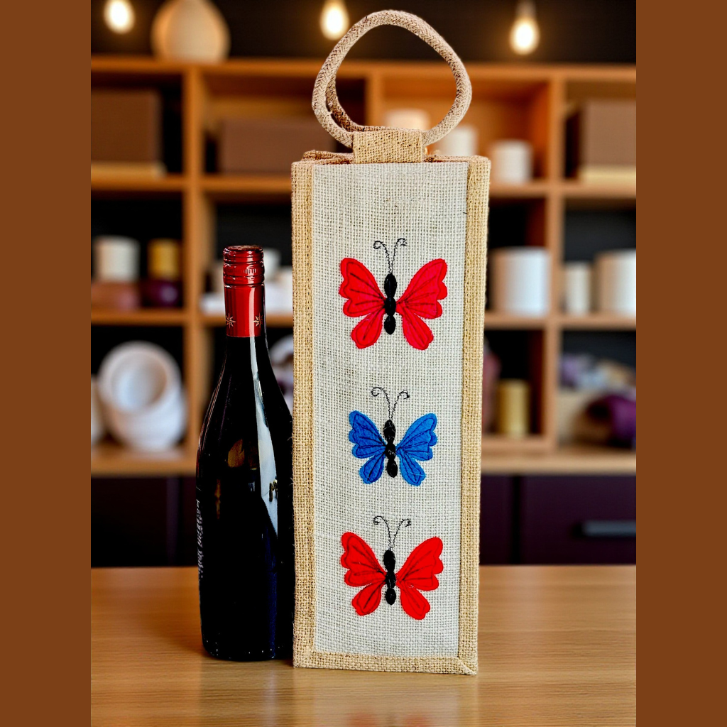 Elegant Jute Wine Carrier Bag with Vibrant Butterfly Embroidery