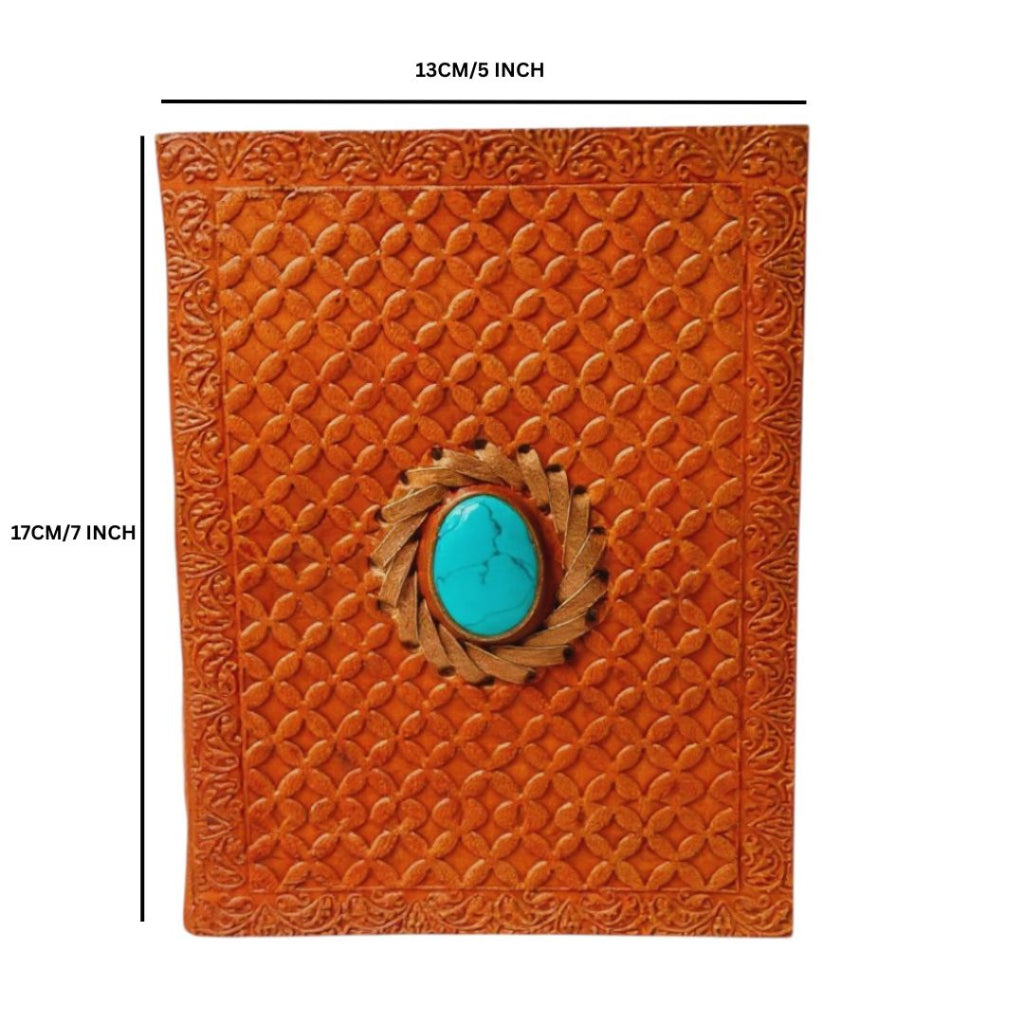 Handcrafted Leather Journal with Embossed Cover & Turquoise Stone