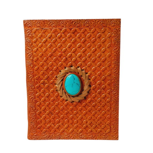 Handcrafted Leather Journal with Embossed Cover & Turquoise Stone