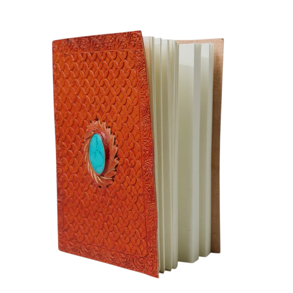Handcrafted Leather Journal with Embossed Cover & Turquoise Stone