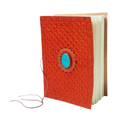 Handcrafted Leather Journal with Embossed Cover & Turquoise Stone