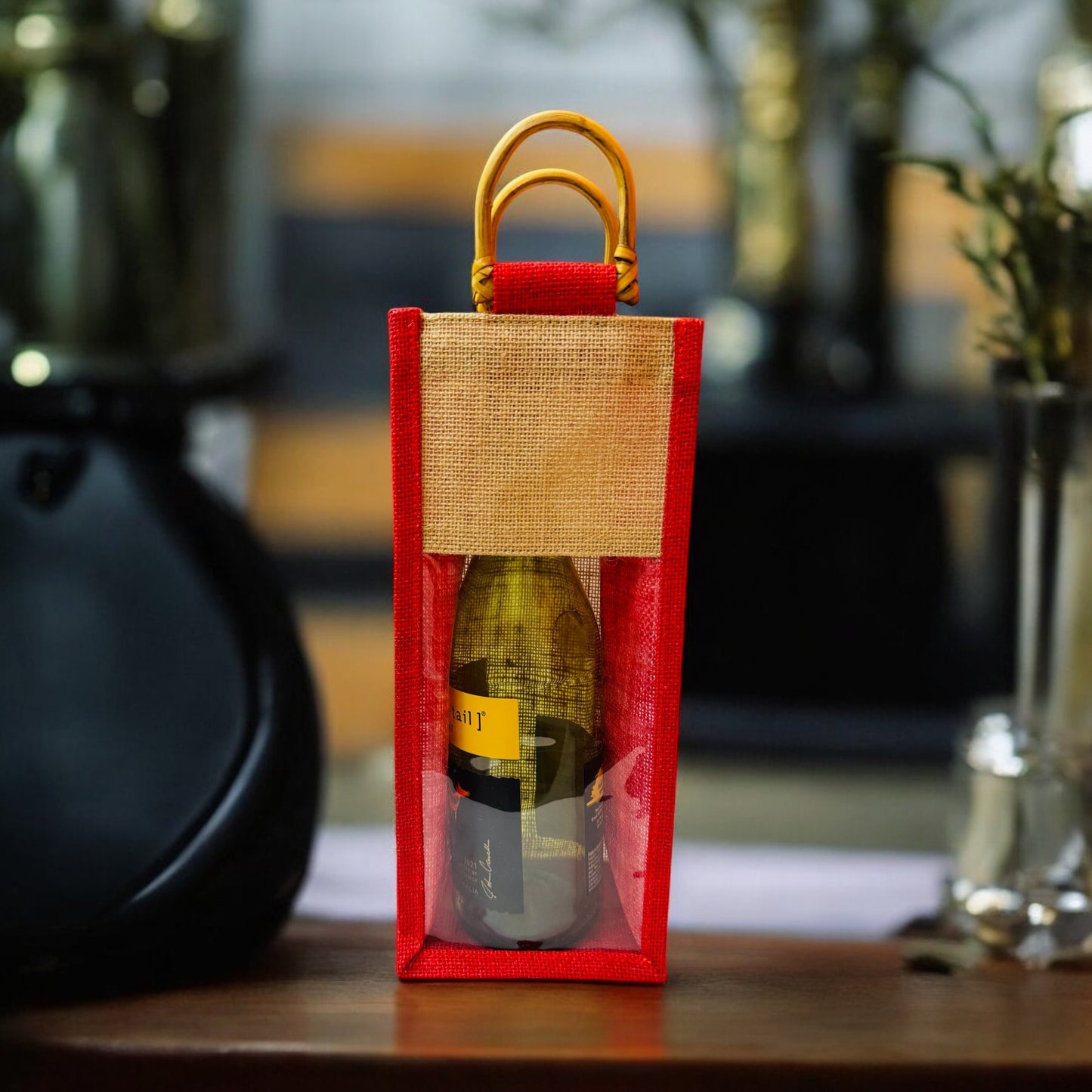 Jute wine bag with a Clear Transparent Window