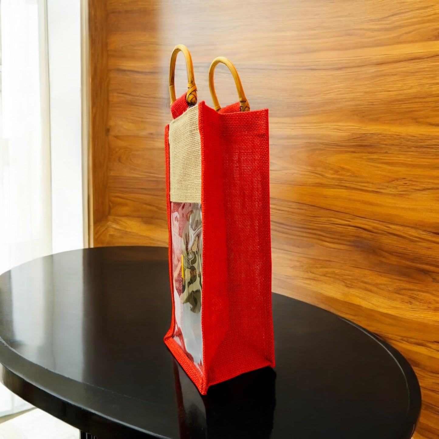 Jute wine bag with a Clear Transparent Window