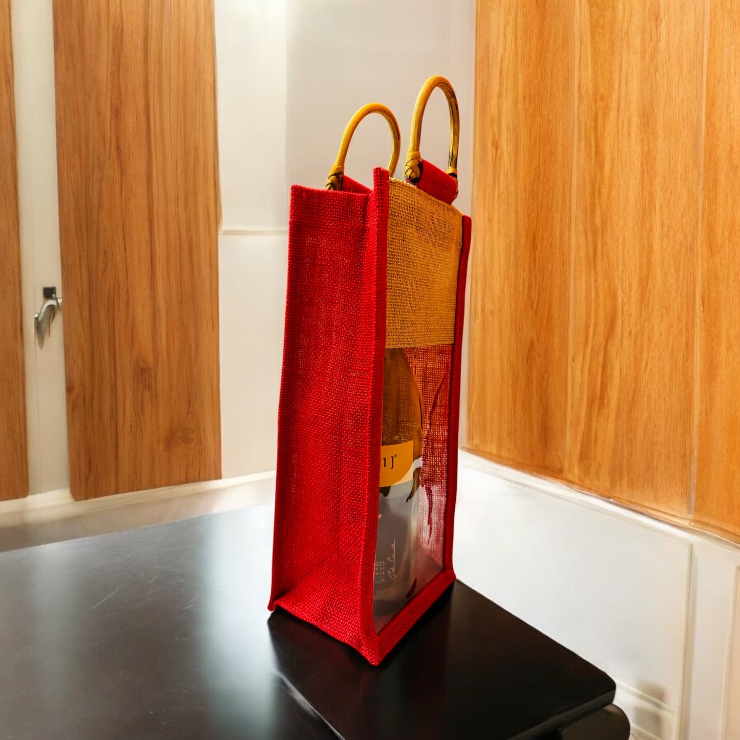 Jute wine bag with a Clear Transparent Window