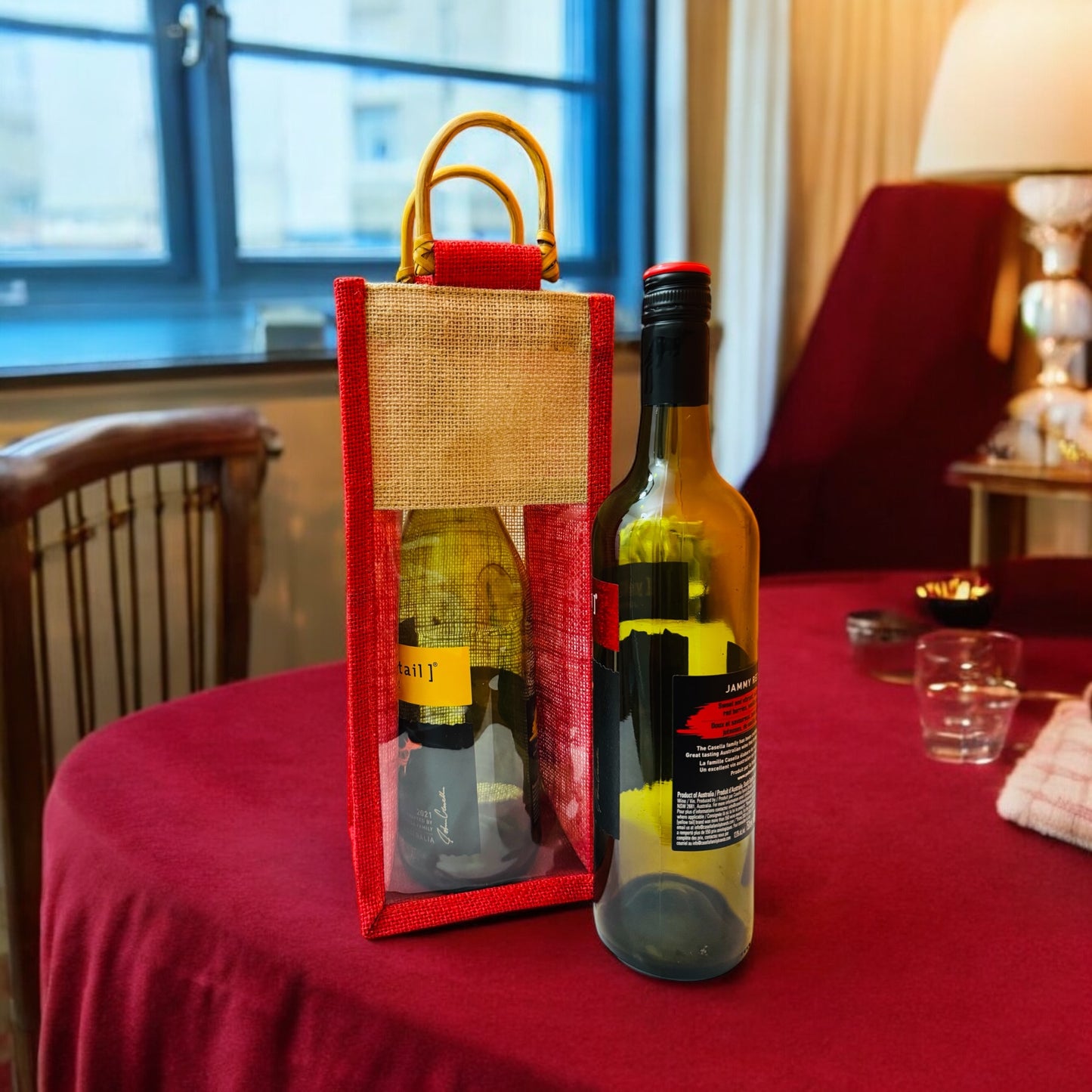 Jute wine bag with a Clear Transparent Window
