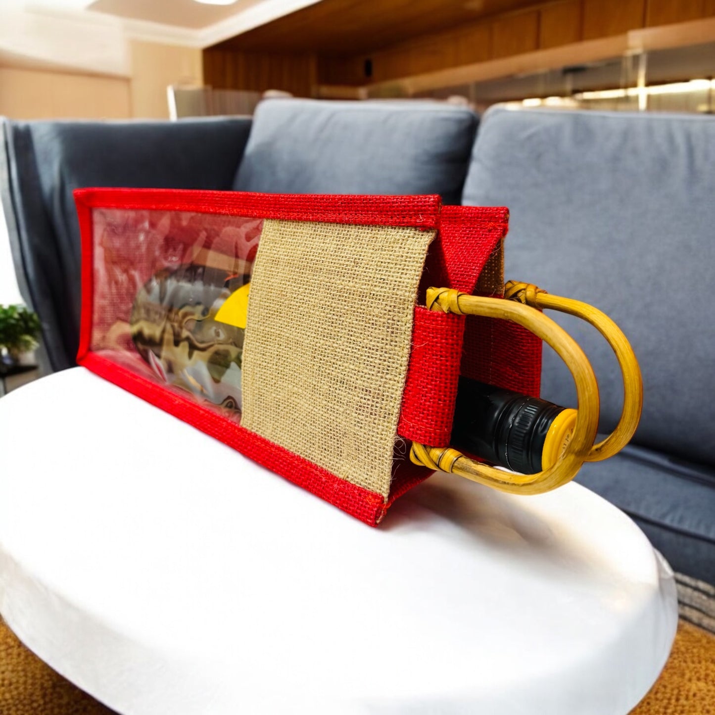 Jute wine bag with a Clear Transparent Window