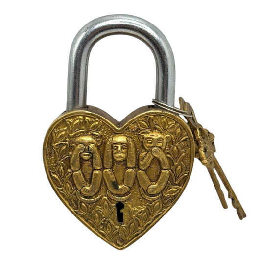 Brass Heart Padlock with Three Wise Monkeys Design