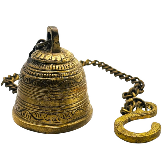 Antique Brass Temple Bell with Chain & Hook