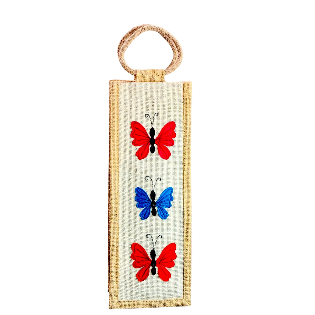 Elegant Jute Wine Carrier Bag with Vibrant Butterfly Embroidery