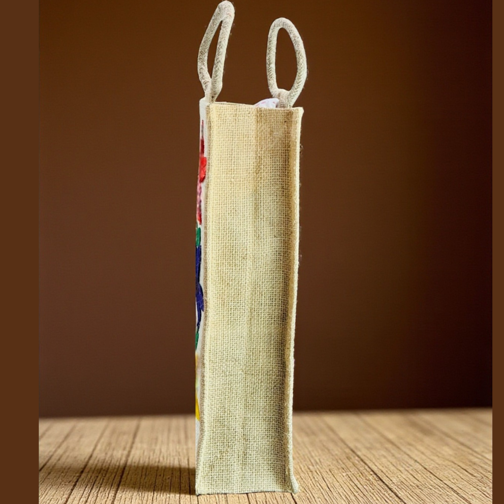 Elegant Jute Wine Carrier Bag with Vibrant Butterfly Embroidery