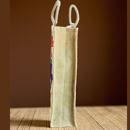 Elegant Jute Wine Carrier Bag with Vibrant Butterfly Embroidery