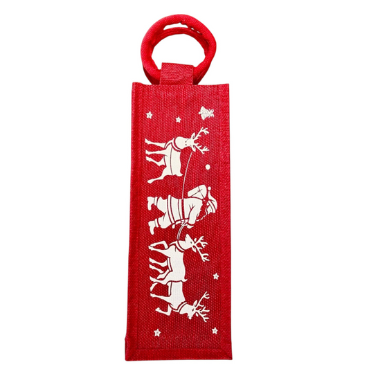 Red Santa & Reindeer Holiday Wine Bag