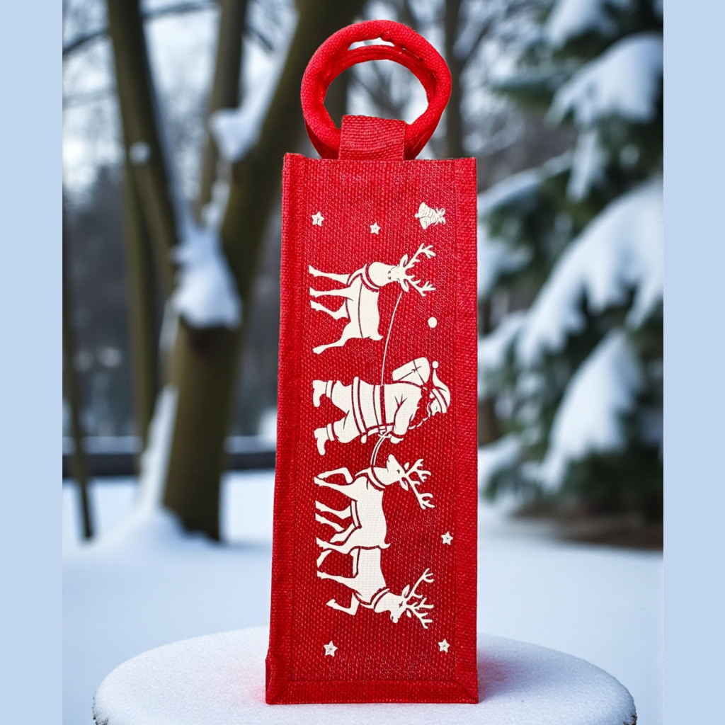 Red Santa & Reindeer Holiday Wine Bag