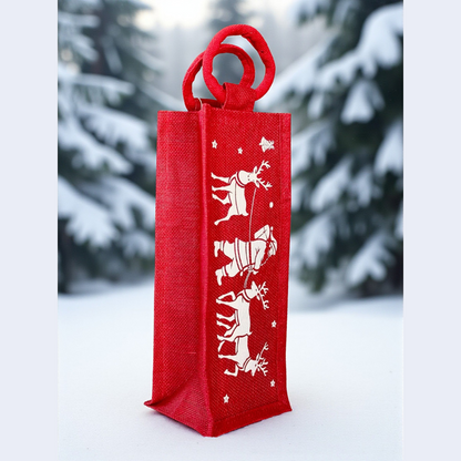 Red Santa & Reindeer Holiday Wine Bag