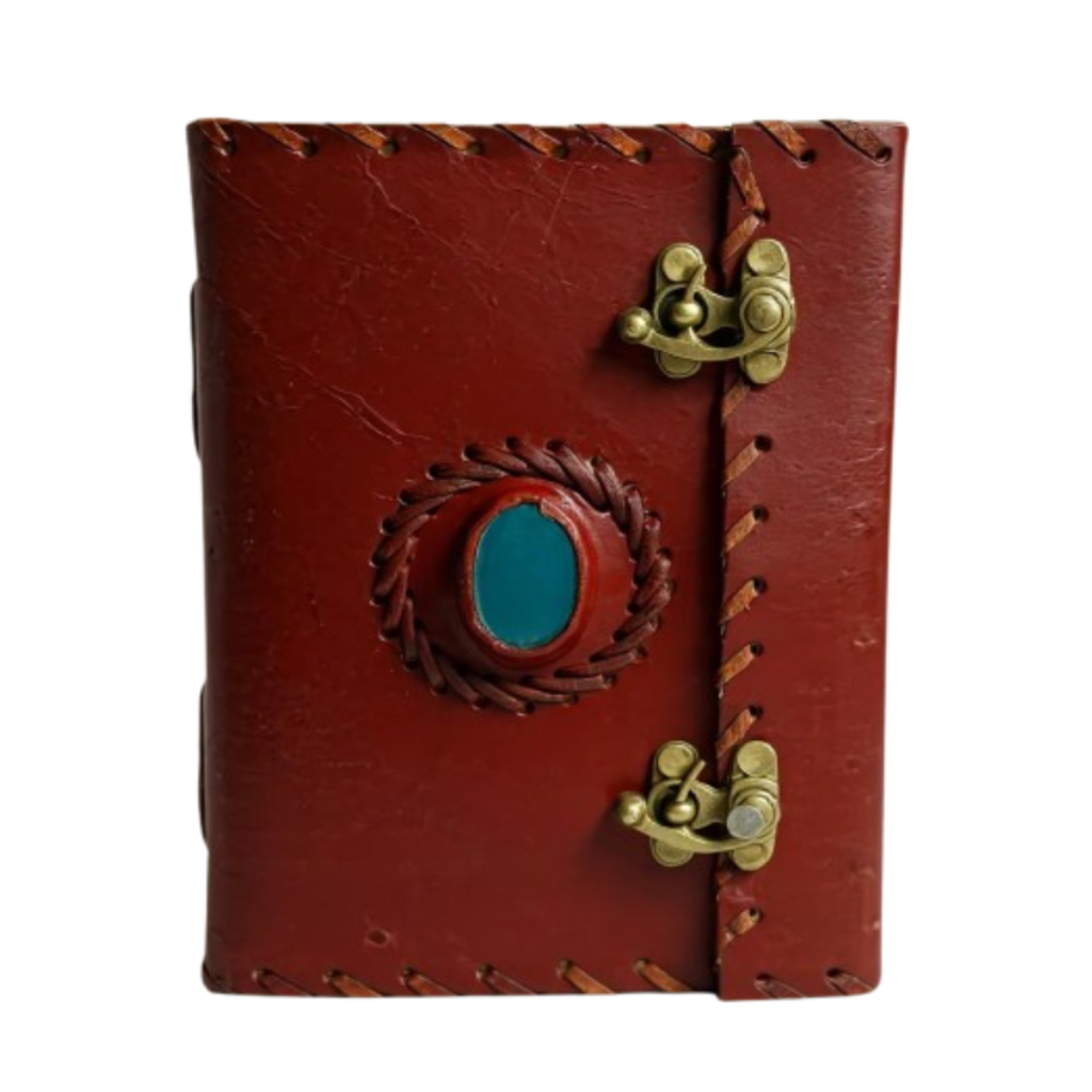 Red Leather Diary with Blue Button & Vintage Metal Locks