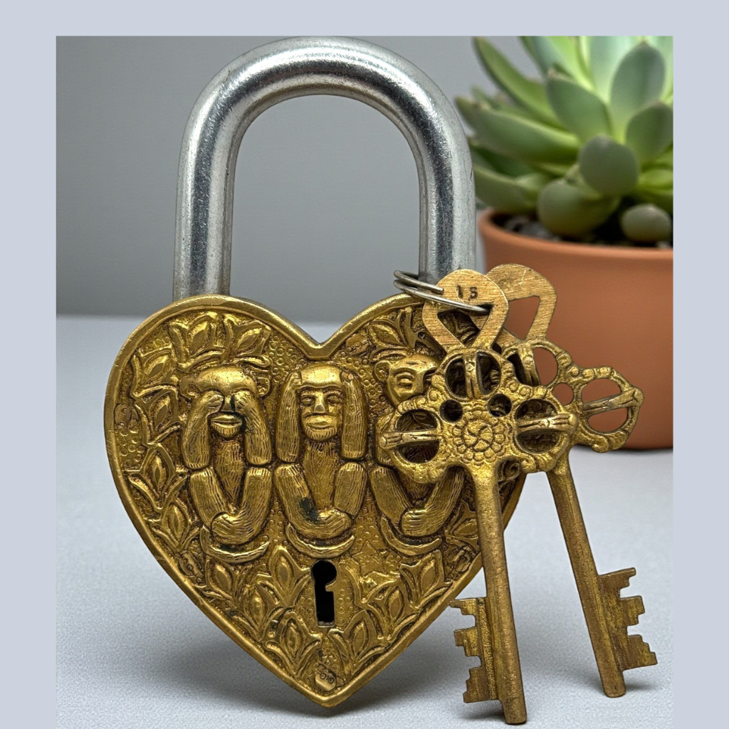 Brass Heart Padlock with Three Wise Monkeys Design