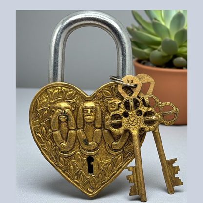 Brass Heart Padlock with Three Wise Monkeys Design