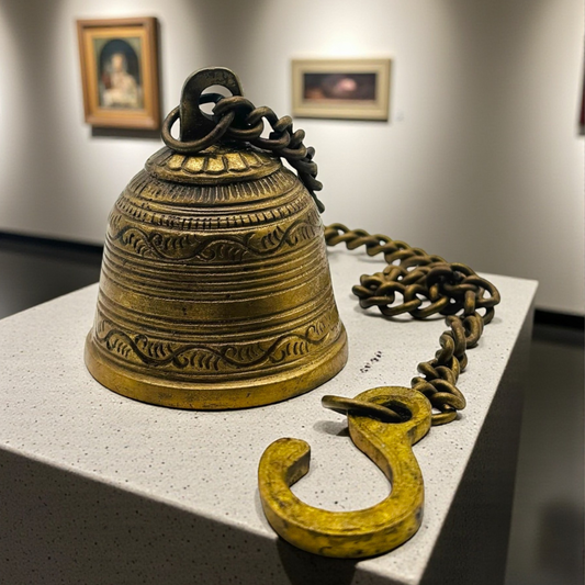 Antique Brass Temple Bell with Chain & Hook