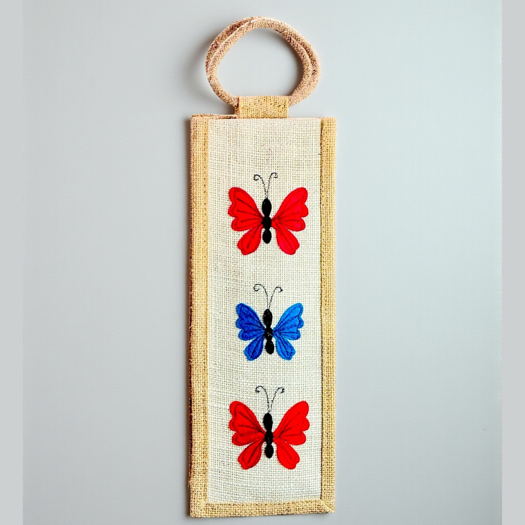 Elegant Jute Wine Carrier Bag with Vibrant Butterfly Embroidery