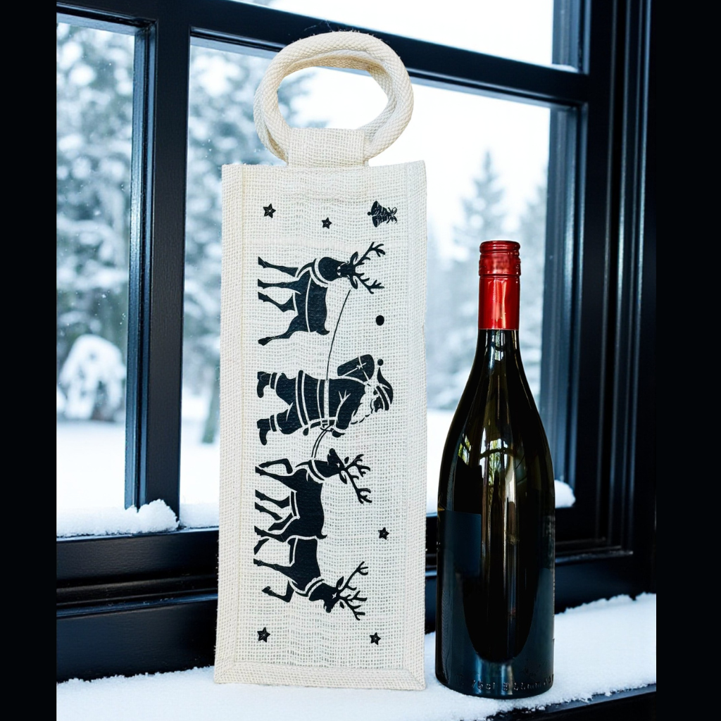 Santa & Reindeer Holiday Wine Bag