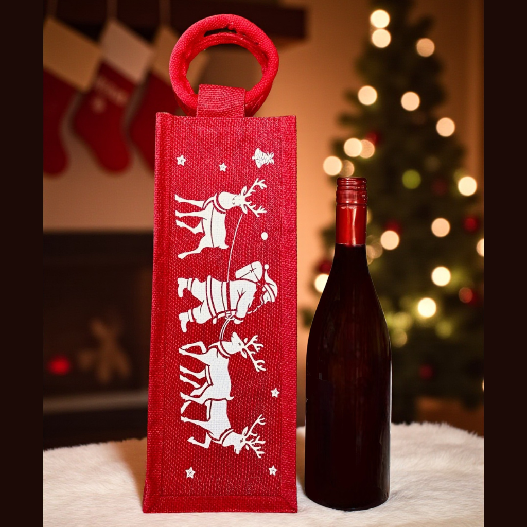 Red Santa & Reindeer Holiday Wine Bag