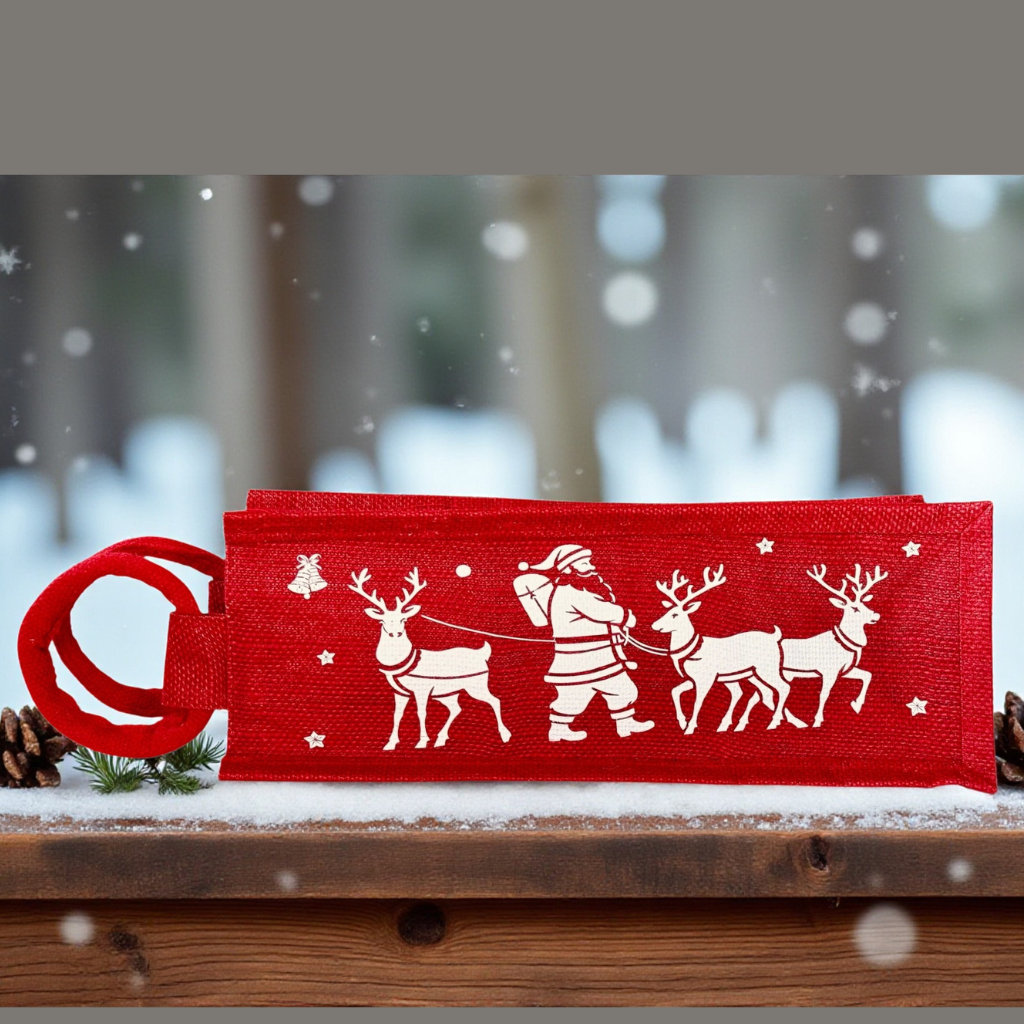Red Santa & Reindeer Holiday Wine Bag