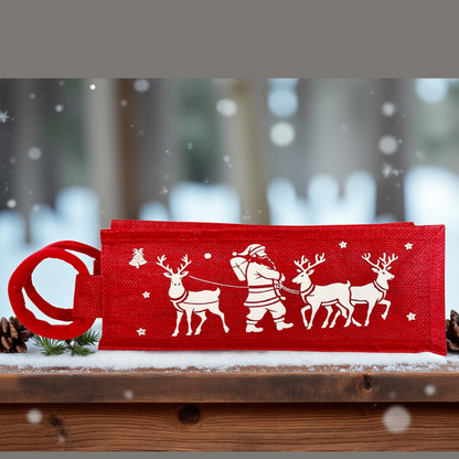 Red Santa & Reindeer Holiday Wine Bag