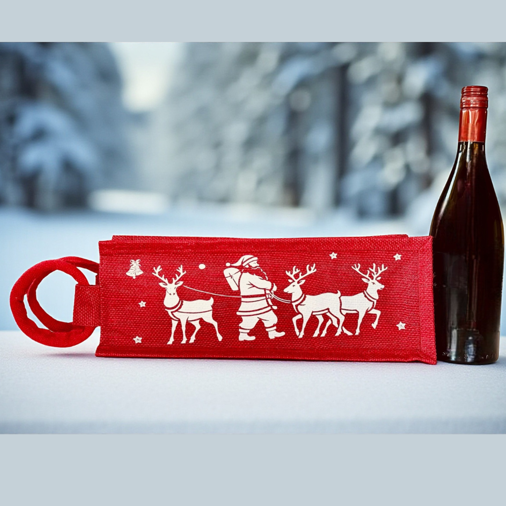 Red Santa & Reindeer Holiday Wine Bag