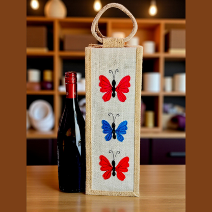 Elegant Jute Wine Carrier Bag with Vibrant Butterfly Embroidery