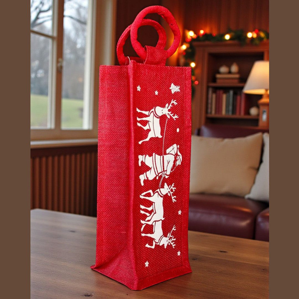 Red Santa & Reindeer Holiday Wine Bag