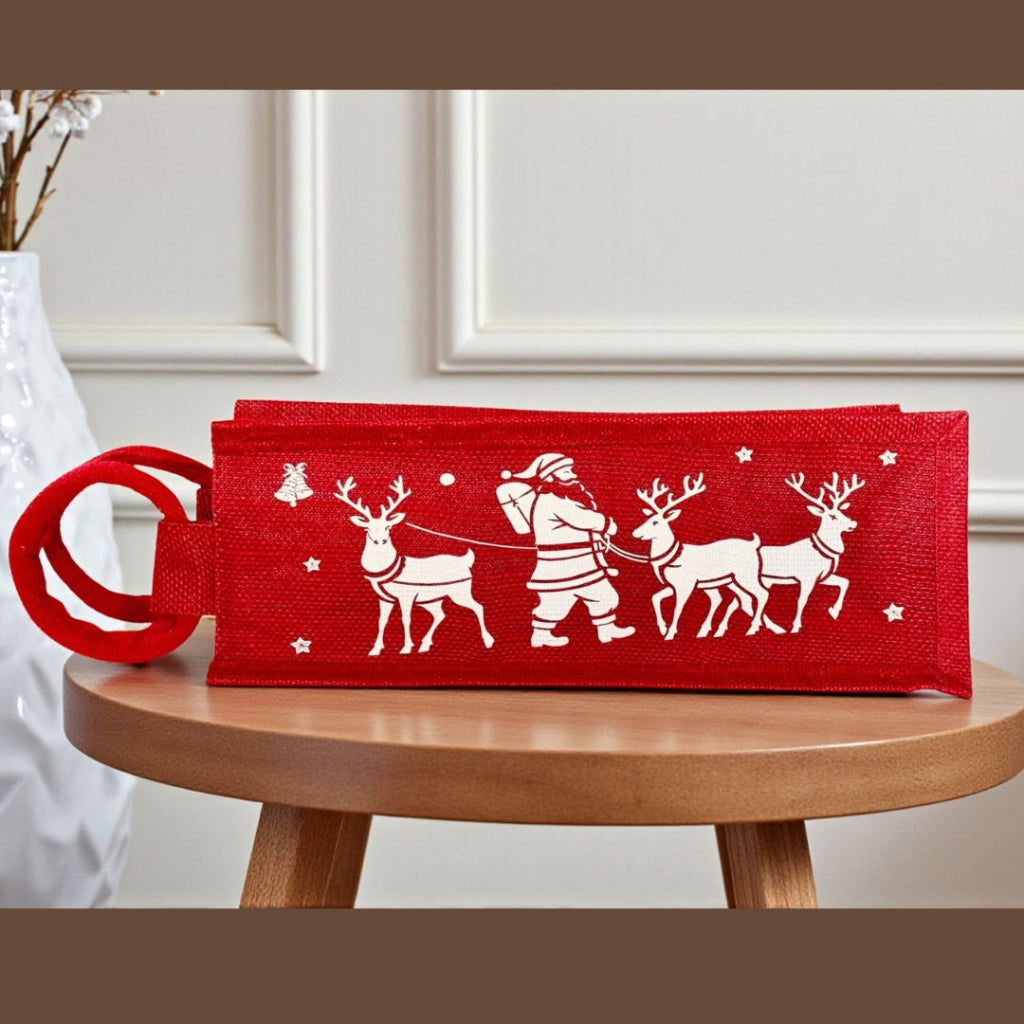 Red Santa & Reindeer Holiday Wine Bag