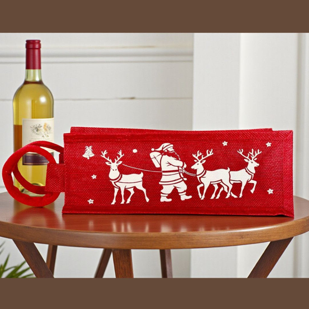 Red Santa & Reindeer Holiday Wine Bag