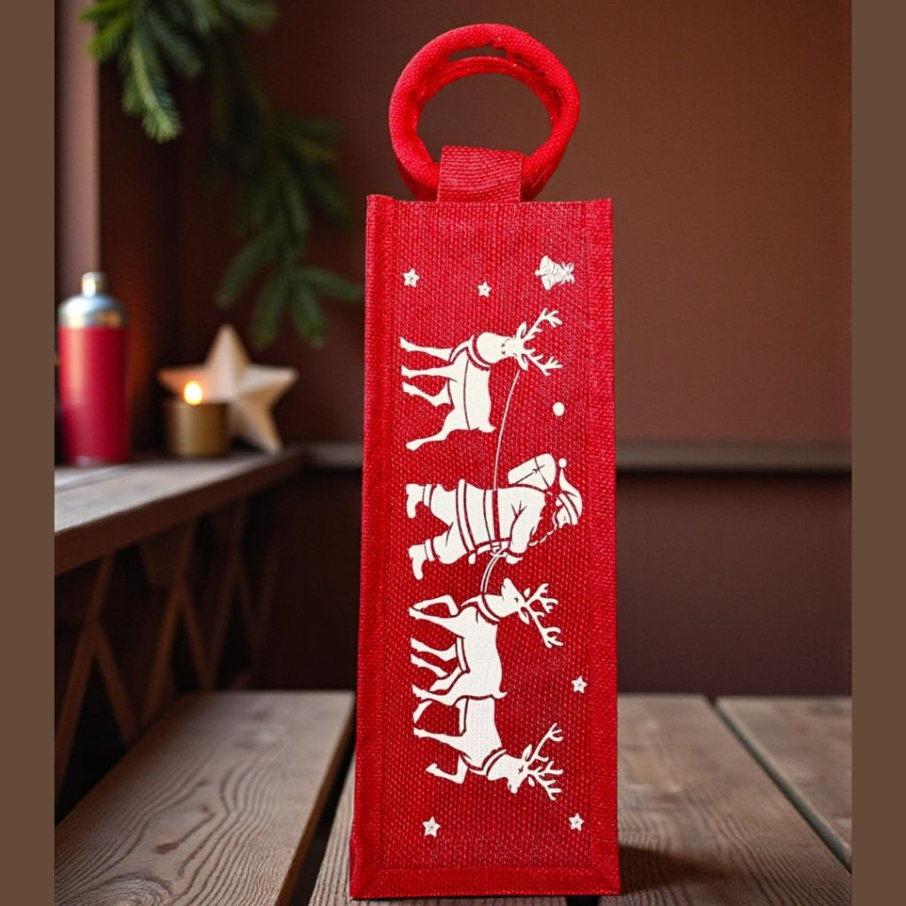 Red Santa & Reindeer Holiday Wine Bag